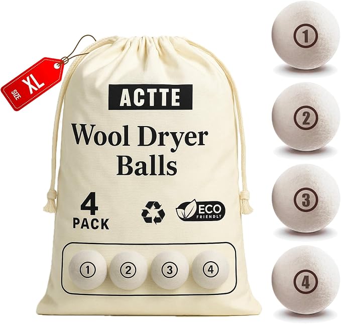 Sheep Wool Dryer Balls 4 Pack XL Premium Natural Fabric Softener, Reusable by ACTTE