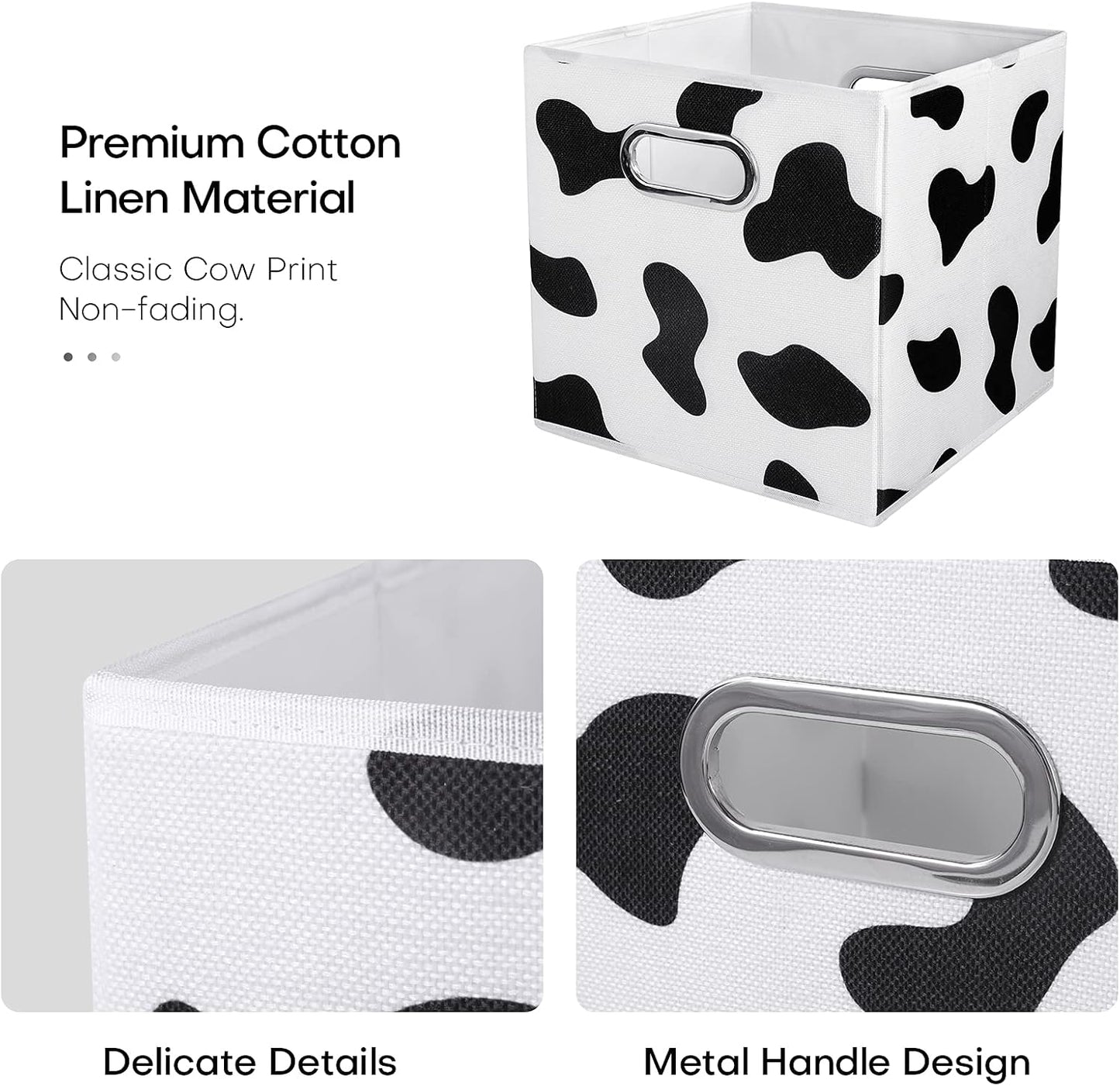 ANMINY Cow Print Cube Storage Bins with Handles, Washable, Collapsible | Cotton Linen Fabric, PP Plastic Board, Animal Print Decor, Storage Basket for Closet Shelf, 11 x 11 x 11 Inch, 8PCS