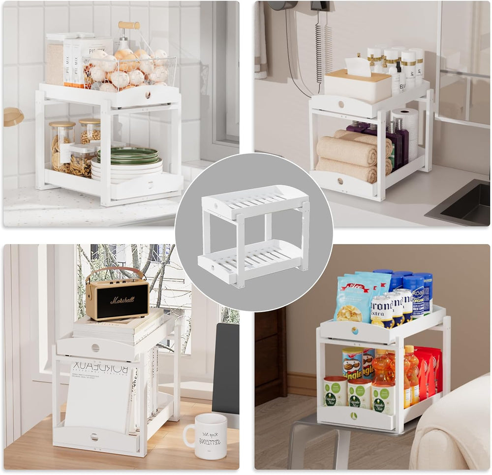 2 Pack Bamboo Under Sink Organizer, 2-Tier Pull-Out Drawers, Kitchen & Bath