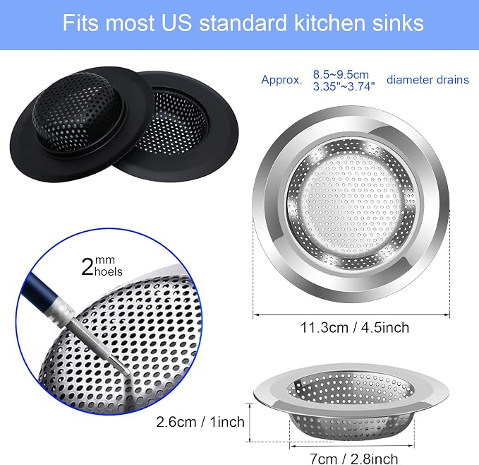 Kitchen Sink Drain Strainer, 4 Pack Stainless Steel and Black Mesh Sink Strainer - Image 2