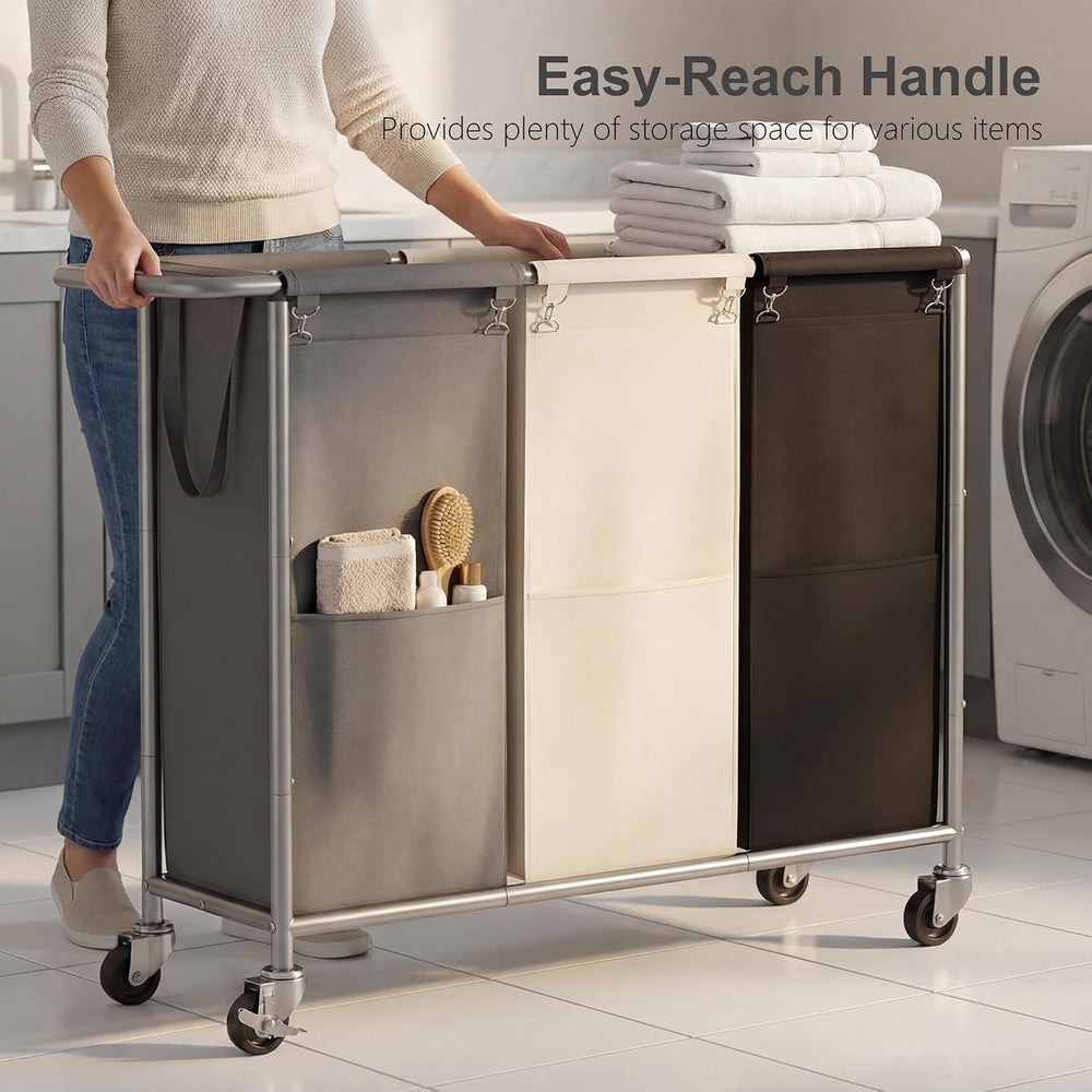 Heybly 3-Section Laundry Sorter Hamper,Rolling Laundry Hamper with Removable ...