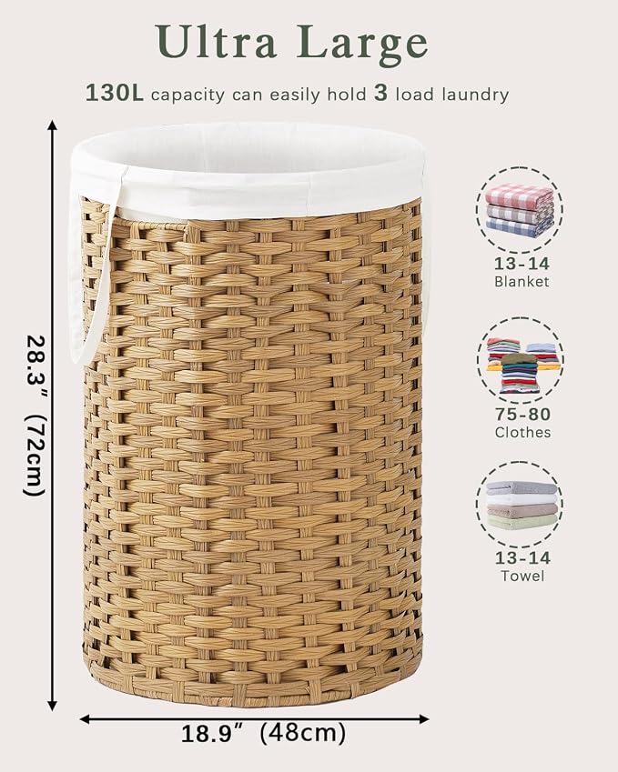 34.3 Gal Large Laundry Hamper Laundry Basket Round Handwoven Wicker Laundry - Image 5