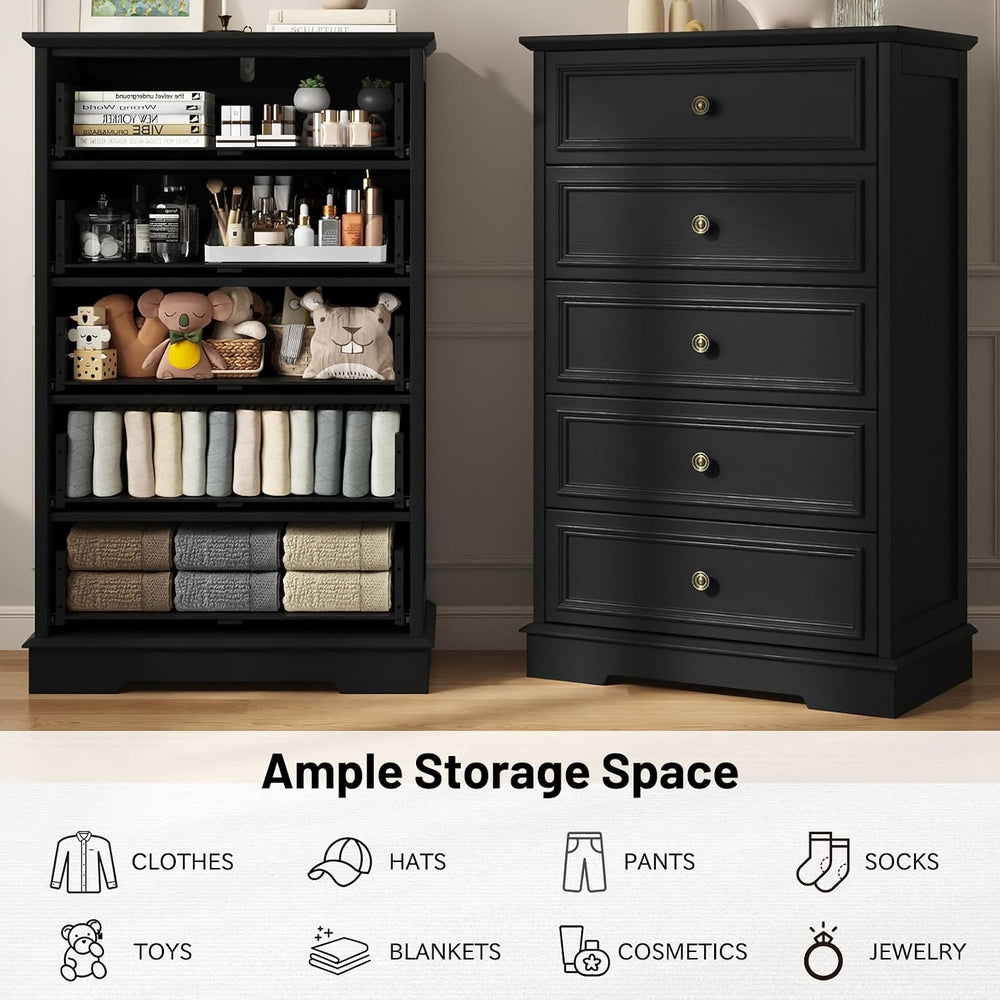 Black 5 Drawer Dresser, 44" Tall Wooden Dresser and Chest of Drawers for...