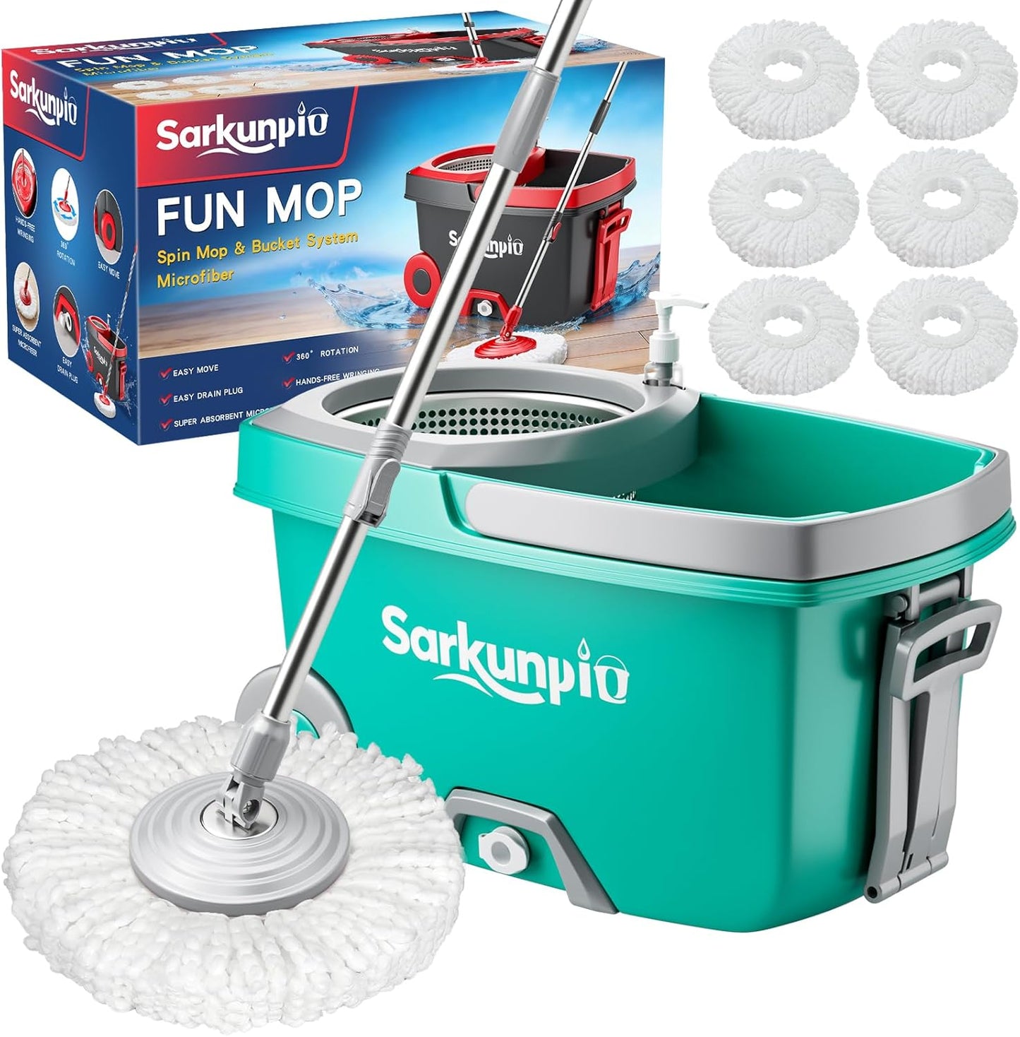 Mop and Bucket Set with Wringer, Spin Mop Floor Cleaning System with 6 Replacement Microfiber Heads & 61" Extra-Long Handle for Home Floor, Blue