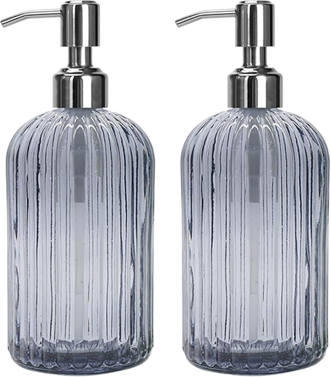 Grey Glass Soap Dispenser 18 oz, 2 Pack Hand Dish Soap Dispensers Bathroom by Tobeautyyourlife