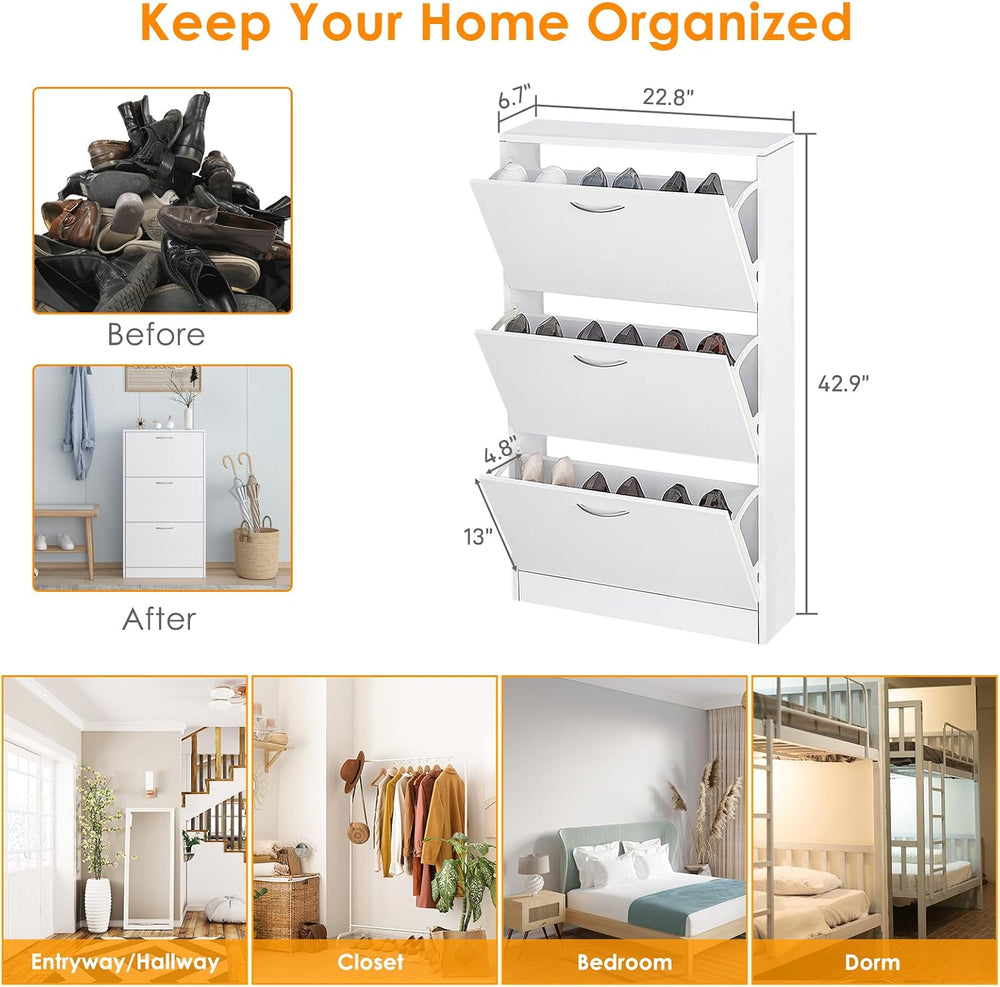 Karl home White Narrow Entryway Shoe Cabinet, 3 Flip Drawer Shoe Rack