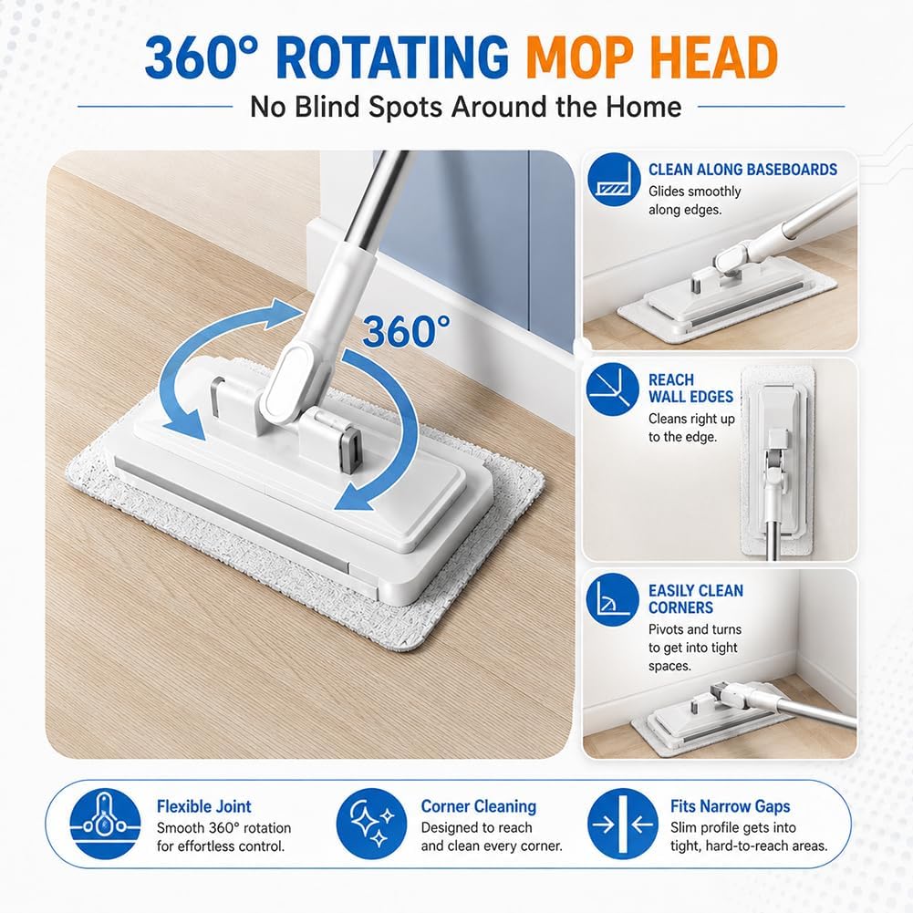 Hands-Free Multi-Purpose Flat Mop - 2026 Upgraded Cloth Changing Mini Mop, No Blind Spots 360 Rotating Wet Dry for Whole House Cleaning for Floor Wall Bathroom (110 cm / 43.3 in)