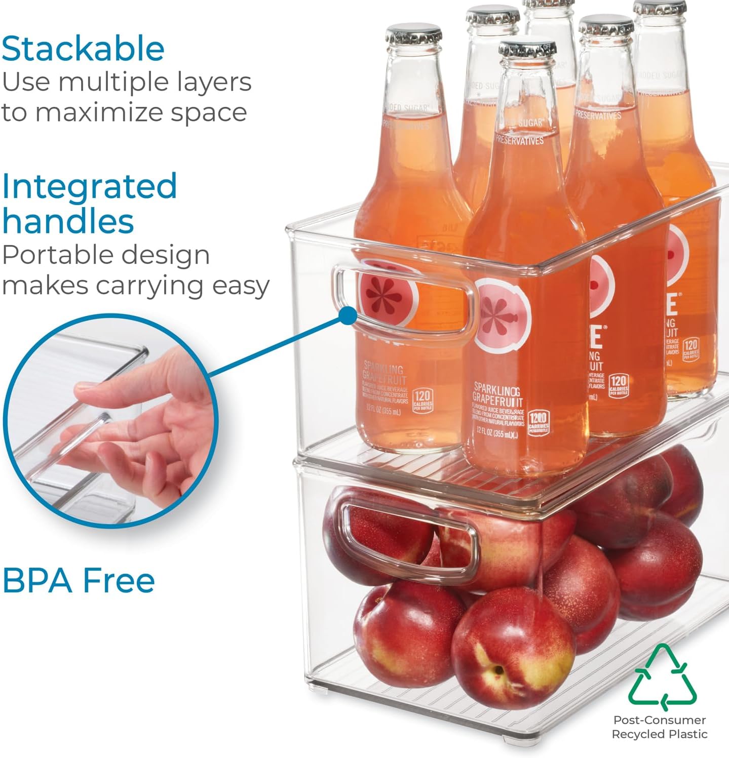 InterDesign iDesign Plastic Fridge and Freezer Organizer Bin with Integrated Handles – 10” x 5” x 6”, Clear (Pack of 4)
