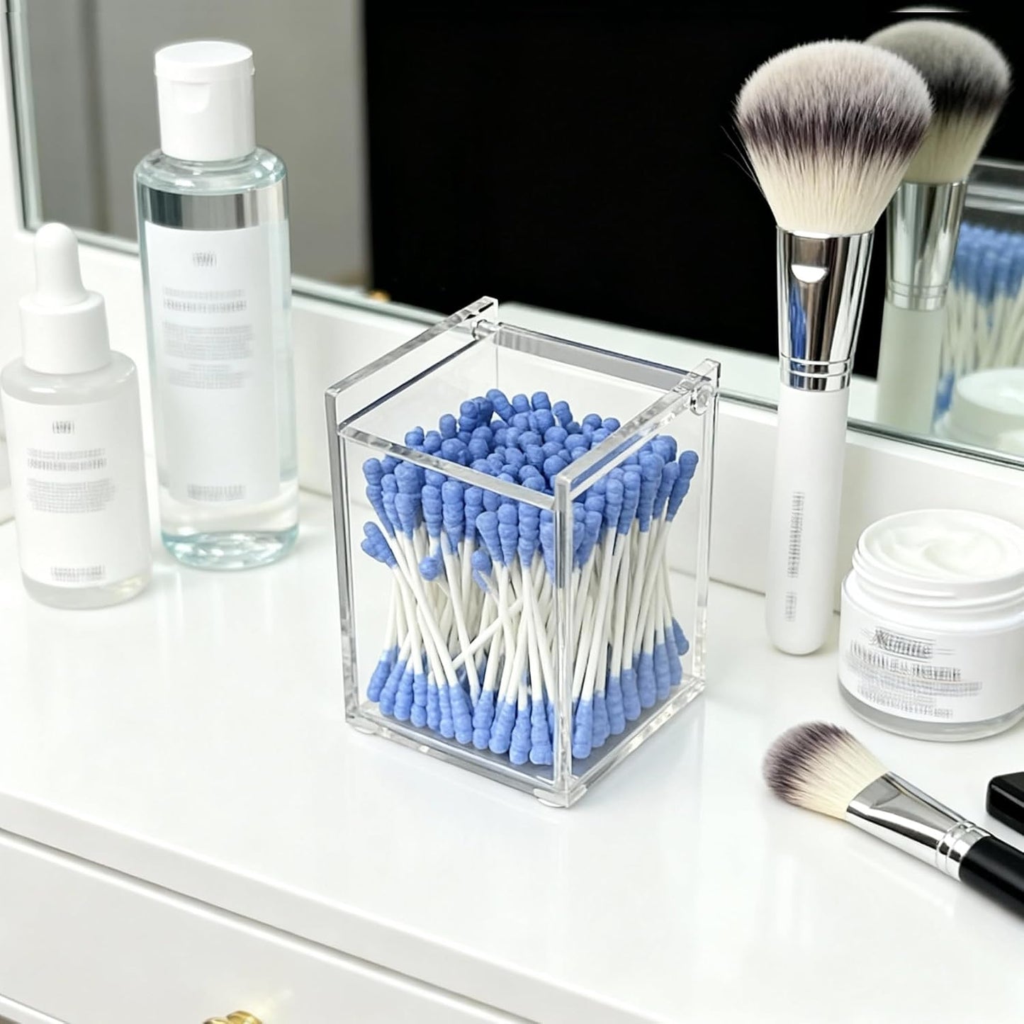 Clear Acrylic Qtip Holder with Lid, Cotton Balls Swab Organizer | 2.95" x 2.56" x 3.94" Dispenser for Makeup Pad, Floss Picks, Bath Salts, Cosmetic Storage Case, Home Bathroom Decor