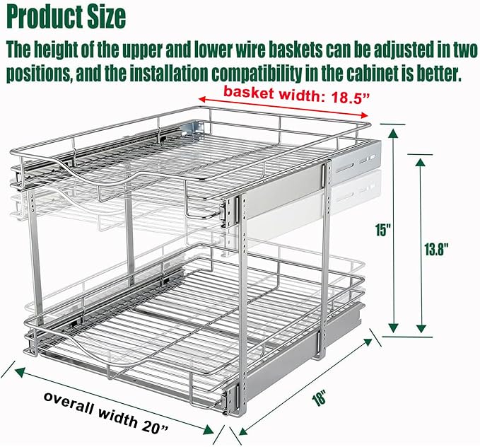 DINDON 2 Tier Pull Out Cabinet Organizer, Double Tier Wire Basket Slide Out - Image 3
