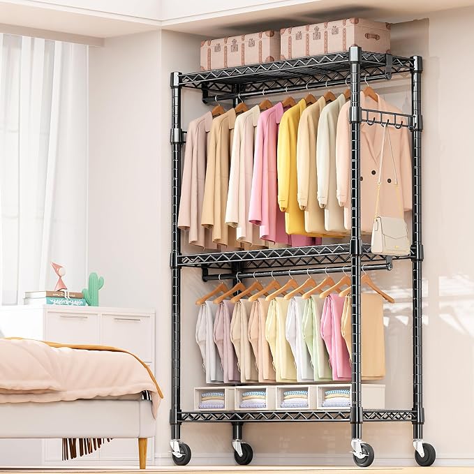Heavy Duty Rolling Garment Rack 3 Tiers Adjustable Wire Shelving Clothes Rack - Image 2