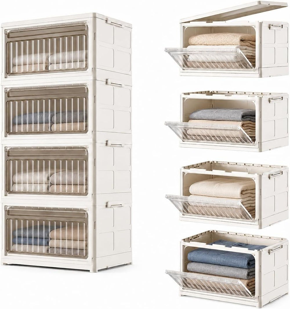 106QT Stackable Storage Bins with Lid, 4-Tier Collapsible Storage Cabinet