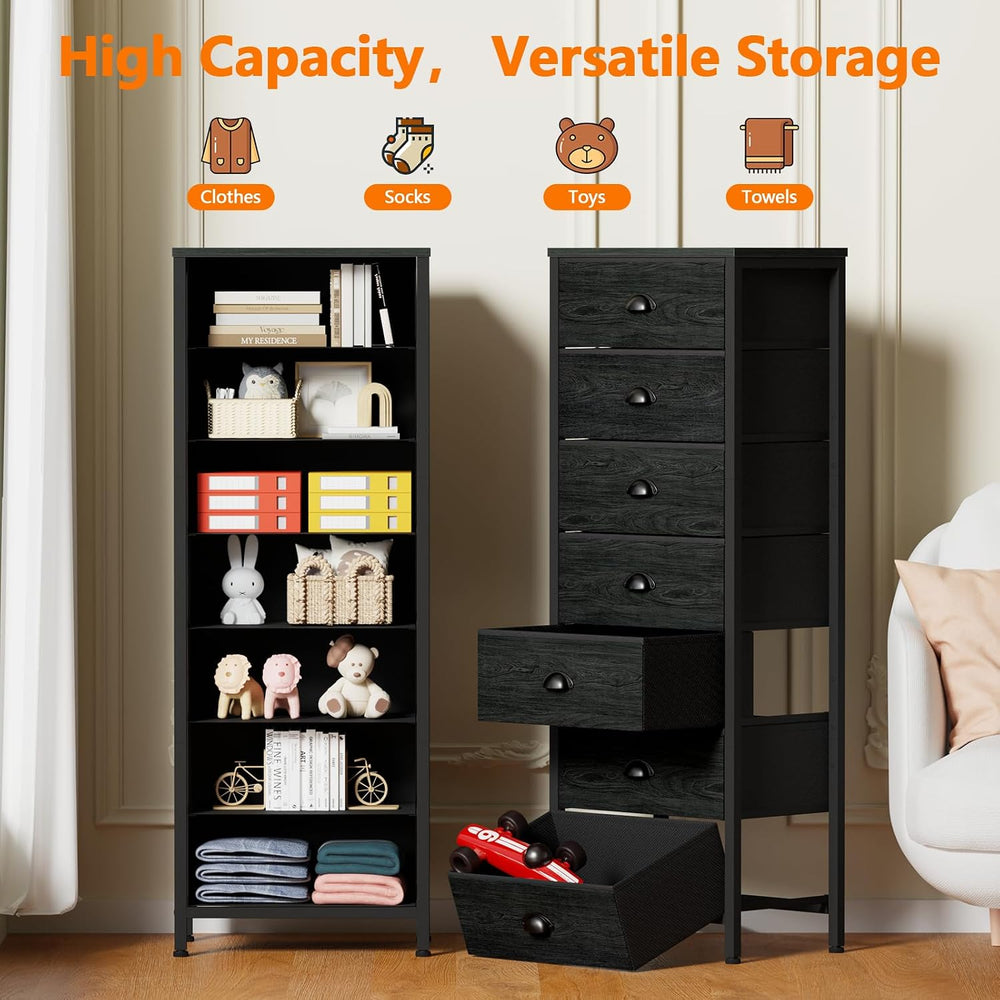Furnulem Black Bedroom Dresser, Tall Chests of Drawers with 7 Fabric Bins