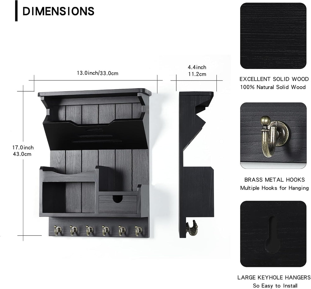 DOPACE Handcrafted Pine Wood Mail Organizer & Key Holder, Black