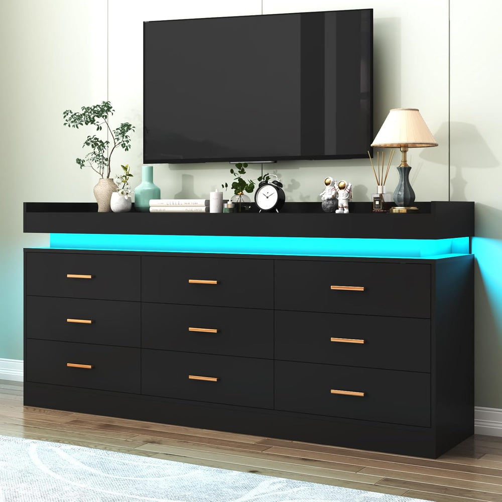 Hlivelood 9 Drawer Dresser with LED Light and Charging Station, Modern Chest ...