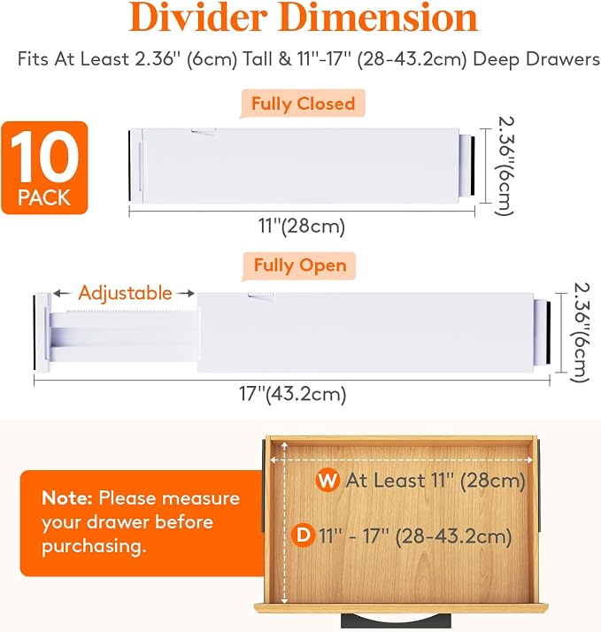 Lifewit 10 Pack Kitchen Drawer Dividers 2.36" High, Plastic Expandable - Image 3