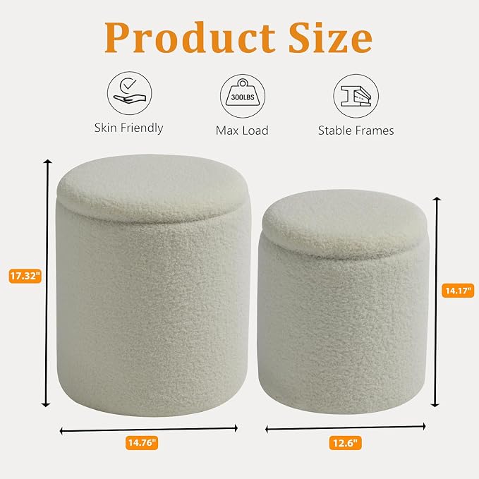 Round Ottoman with Storage Set of 2-Upholstered Sherpa Vanity Stool - Image 3