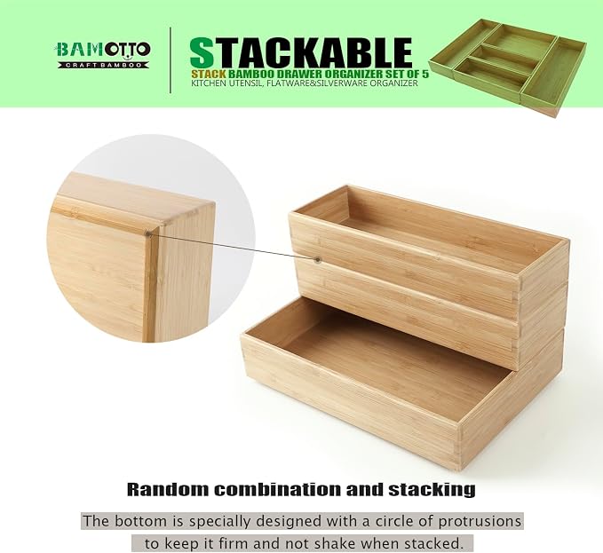 Stack Bamboo Drawer Organizer Set of 5, Kitchen Utensil, Flatware&Silverware - Image 3