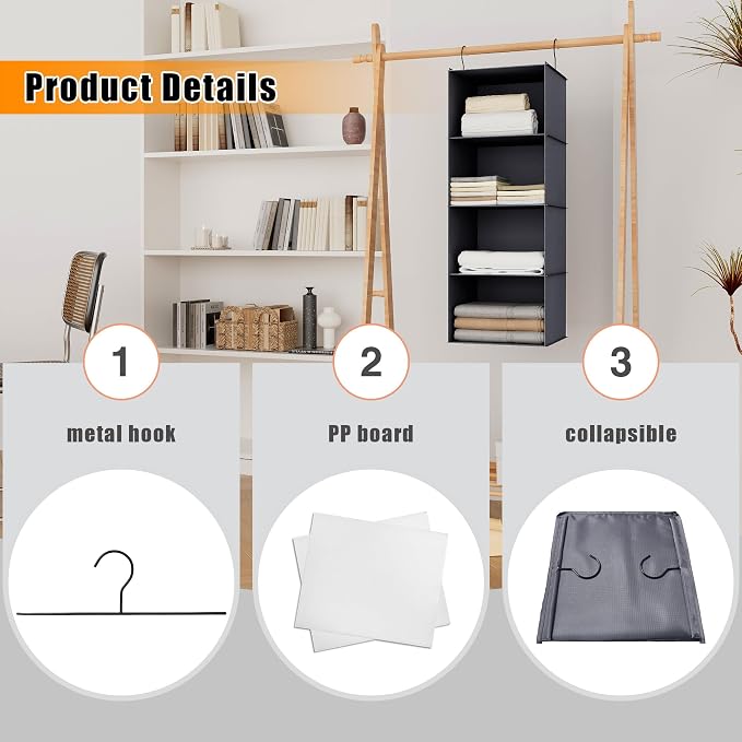 Hanging Closet Organizer, Easy Mount Foldable 4-Shelf Hanging Closet Wardrobe - Image 6