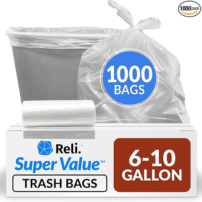 Reli. 6-10 Gallon Trash Bags | 1000 Bags | Clear | Bathroom | Strong | Garbage by Reli