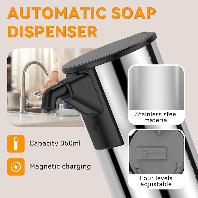 Automatic Soap Dispenser, Stainless Steel Material, Rechargeable Touchless Hand - Image 2