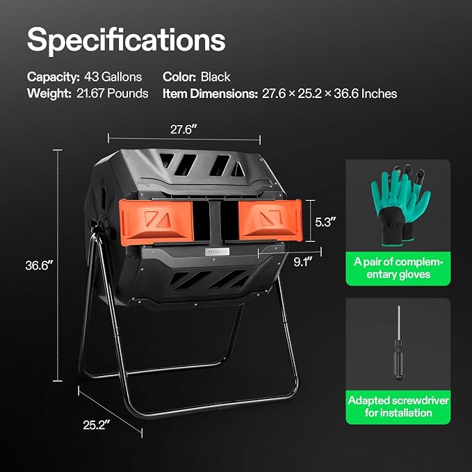 VIVOSUN Outdoor Tumbling Composter Dual Rotating Batch Compost Bin, 43 Gallon - Image 8