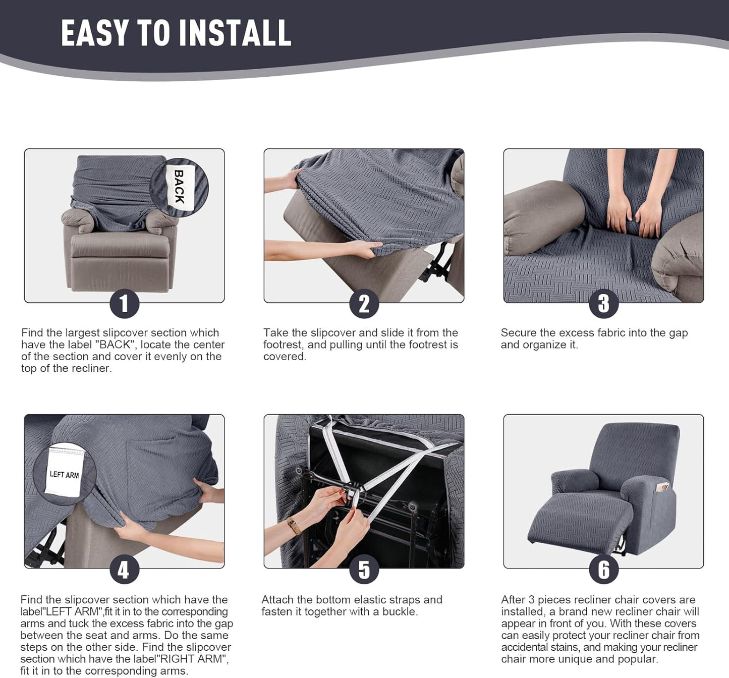 KinCam Recliner Chair Covers, Stretch Reclining Cover, Recliner Sofa Slipcovers Stripe Jacquard Recliner Couch Covers Furniture Protector Covers for Pet Kid (1 Seater, Dark Gray)