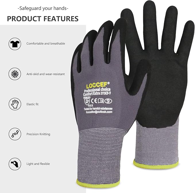 LOCCEF Work Gloves MicroFoam Nitrile Coated-6 Pairs, Seamless Knit Nylon Gloves - Image 7