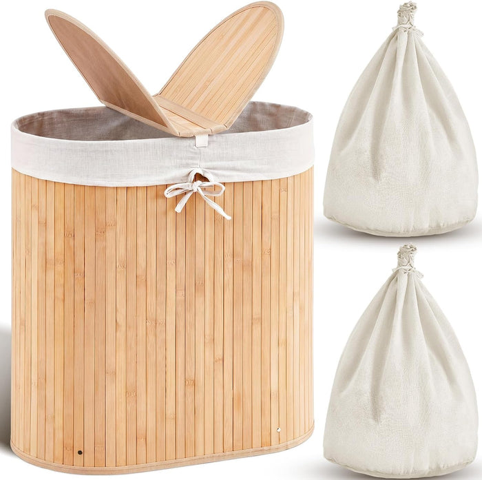 Gueevin Oval Bamboo Laundry Hamper with Lid, Carbon, 24 x 23 x 13 Inch