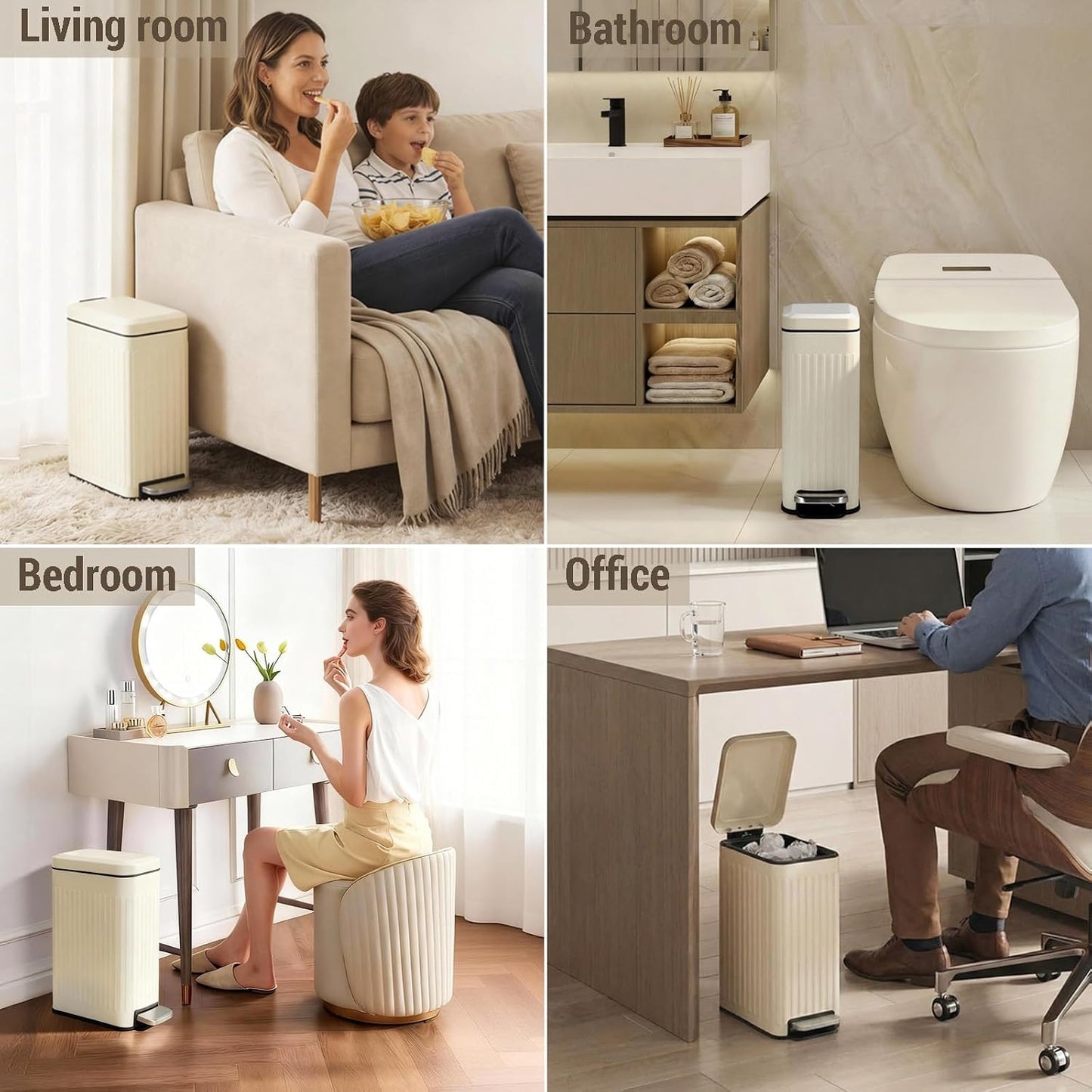 Slim Bathroom Trash Can with Lid 5.5-Inch Wide Fluted Creamy White | Ultra-Slim Bathroom Trash Can Fluted Stainless Steel Soft Close Lid Step Pedal 10L Outer 8L Removable Inner Bucket