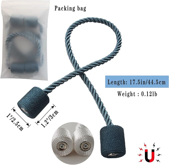 Magnetic Curtain Tiebacks 2 Pack Blue Curtain Rope Tieback Curtain Holders - Image 2