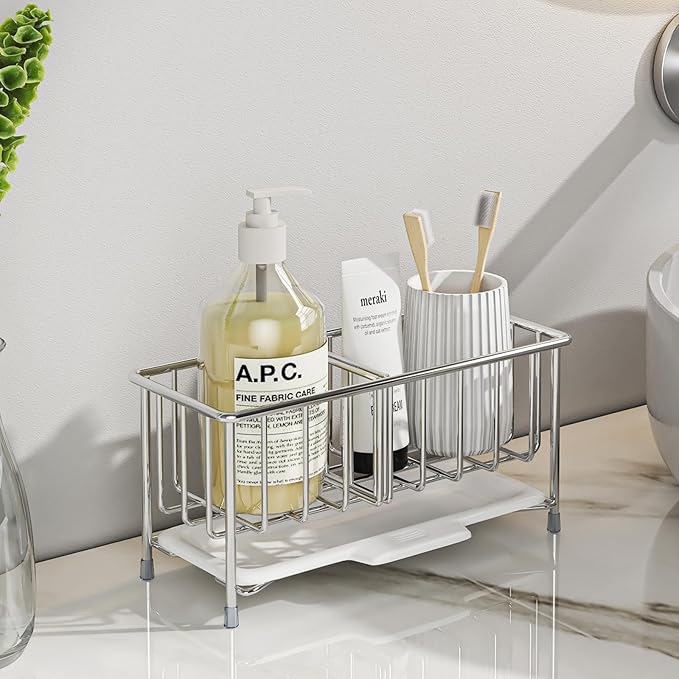 Kitchen Sink Sponge Holder, 304 Stainless Steel Soap Dispenser Caddy Organize - Image 7