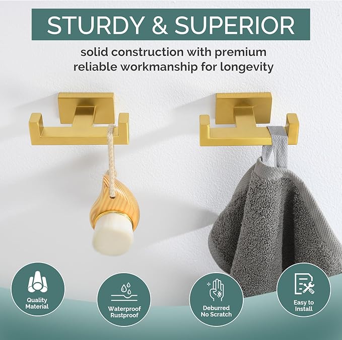 Angle Simple Double Towel Hook Brushed Gold 2 PCS, SUS304 Stainless Steel - Image 5
