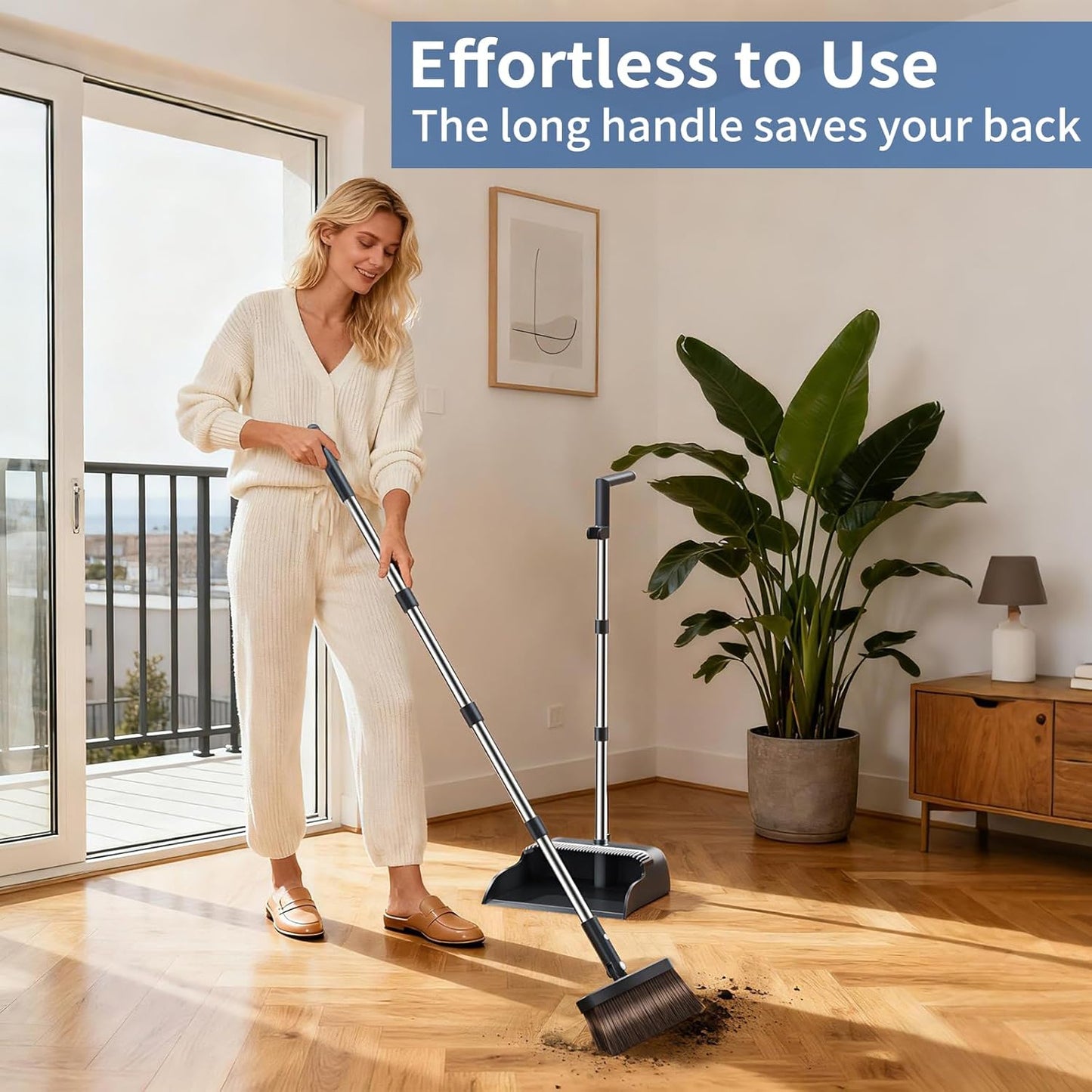 Broom with Dustpan Combo Set, Broom and Dustpan Set with 51.6" Long Handle & Two Broom Heads, Brooms with Dust Pan Teeth for Pet Hair, Indoor&Outdoor Sweeping, Home, Kitchen, Office