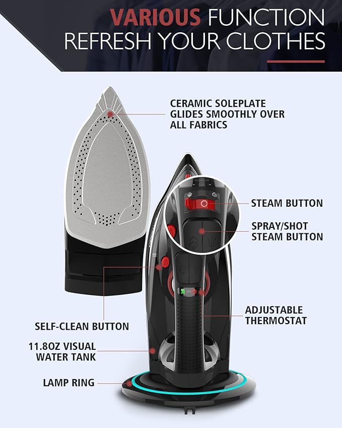 Cordless Iron for Clothes, 1500W Steam Iron Rapid Heating, Ceramic Soleplate - Image 9