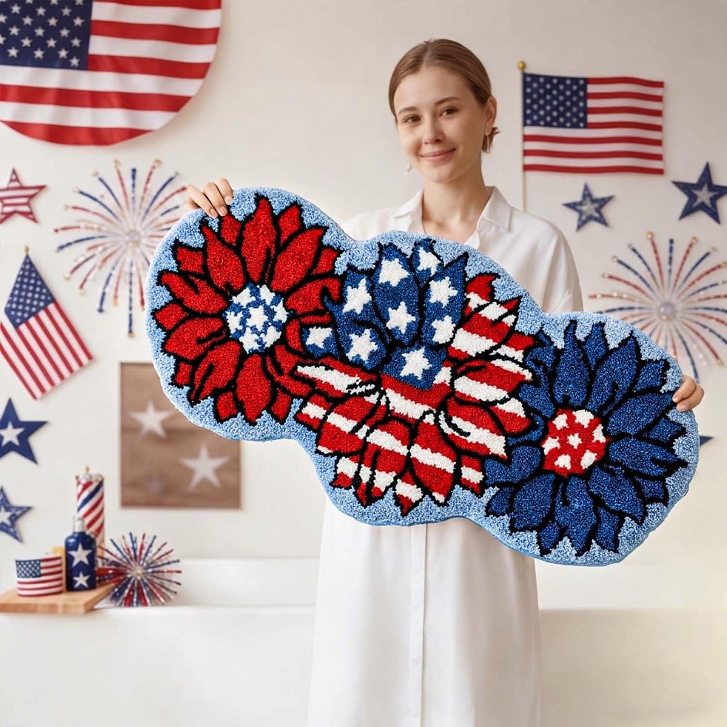 Mocsicka 4th of July Bathroom Rug, Non-Slip 250 Anniversary Patriotic Sunflower Bathroom Mat Machine Washable Tufted Independence Mat, Outdoor Soft Absorbent Rug (Red and Blue, 18x36 inch)