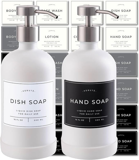16oz Glass Soap Dispenser with Stainless Steel Pump, 21 Waterproof Labels by Verute