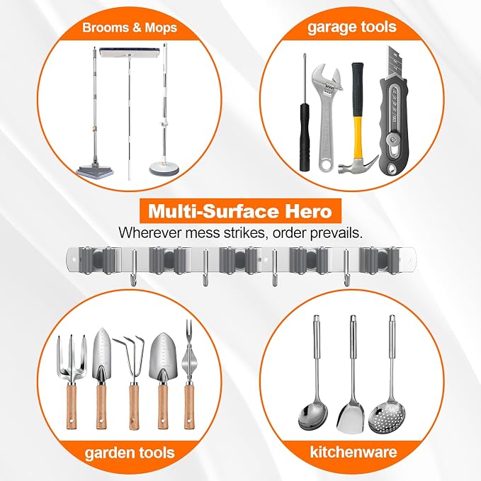 Broom Holder Wall Mount, Mop and Broom Organizer Broom Hanger Storage Tool - Image 2