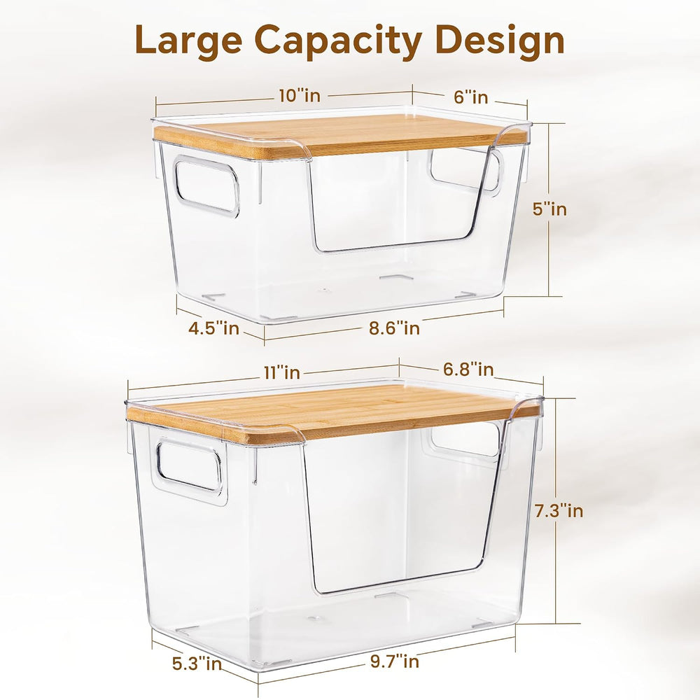 Criusia 2 Large and 2 Small Pantry Organizers and Storage with Bamboo Lids, S...