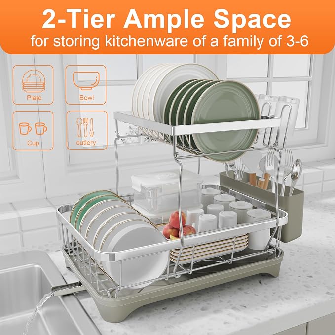 Dish Drying Rack, 2 -Tier 304 Stainless Steel Adjustable Spout Auto-Draining - Image 5