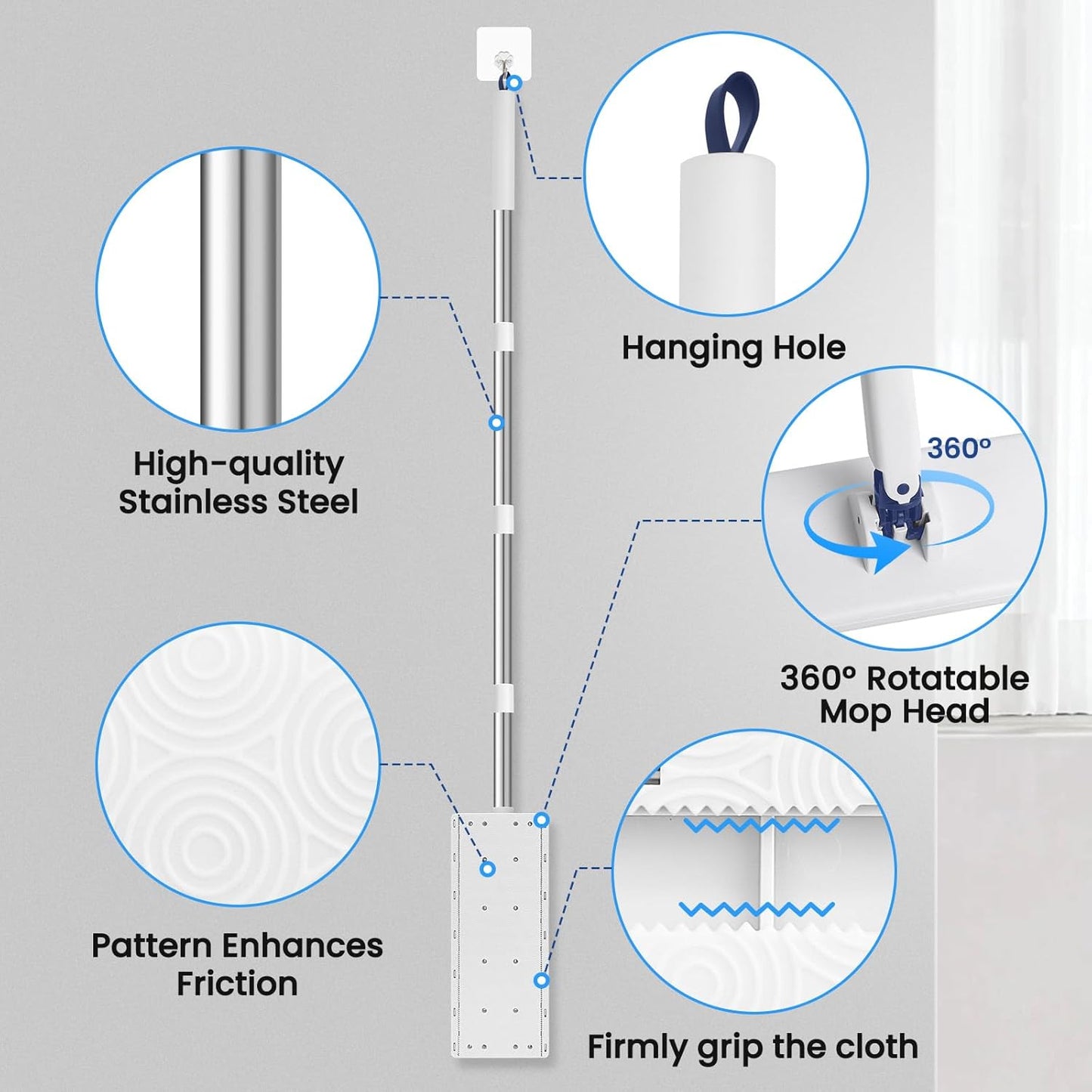 Snap Grip Mini Mop with 6 Washable Pads, Lazy Dry Wet Mops Household Items for Wall Window Ceiling, Dust Mop with 47" Handle, Zero-Touch Flat Floor Mops for Floor Cleaning for Home Kitchen Bathroom