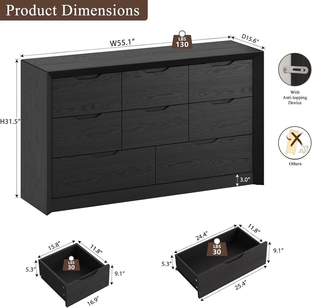 YANSNWO Black 8 Drawer Dresser for Bedroom, 55" Wide Chest of Drawers