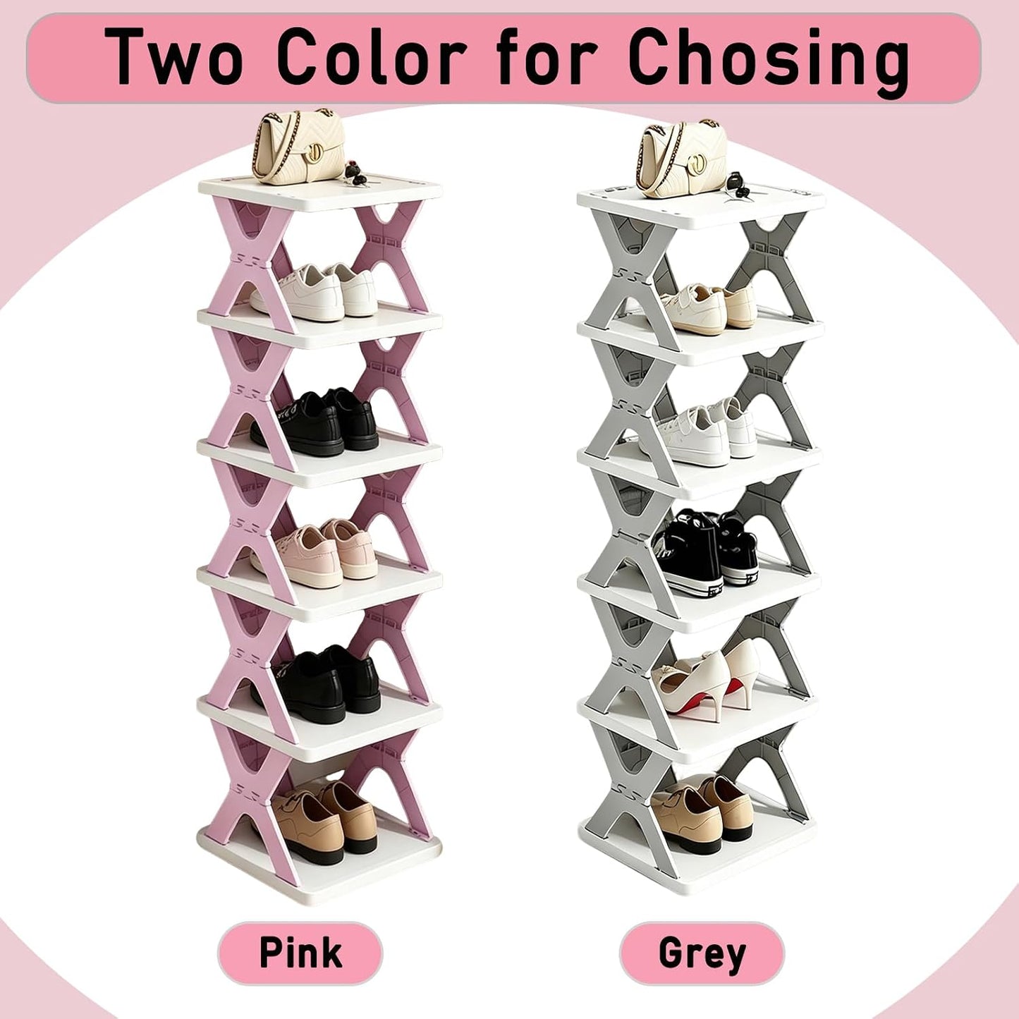 6 Tier Foldable Pink Shoe Rack, Adjustable Vertical Kids Shoe Organizer | Compact Freestanding Narrow Shoe Storage Shelf, Tool-Free Assembly Space Saving Shoe Holder for Entryway, Closet & Kids Room
