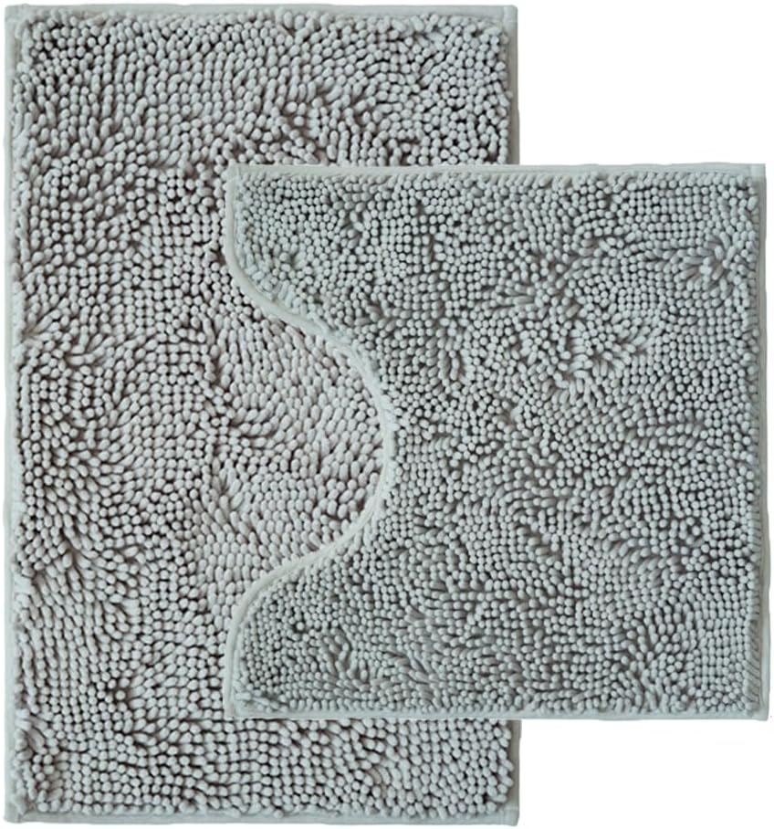 Bathroom Rugs Sets 2 Piece,Super Absorbent Chenille Bath Mats and U-Shaped Toilet Rug,Strong PVC Non Slip Backing,Microfiber Washable Dry Quickly Bath Mats for Bathroom(20"x32"+20"x20"U, Light Grey)