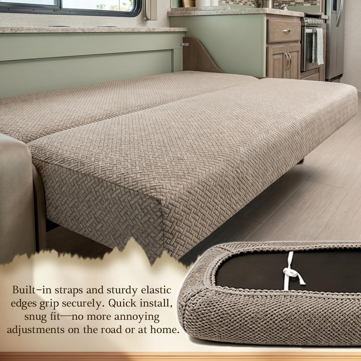 2 Piece RV Couch Covers for Jackknife Sofa Bed,Strap On RV Jackknife Sofa Cover,Anti Slip RV Couch Cover for RV Cushion Covers(Khaki)