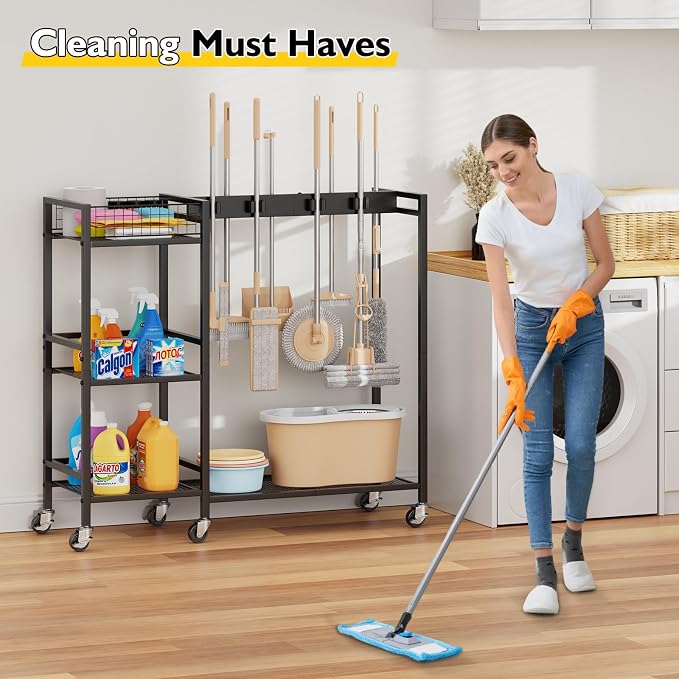 Broom Holder with Cleaning Supplies Organizer, Movable Broom Closet Storage - Image 9