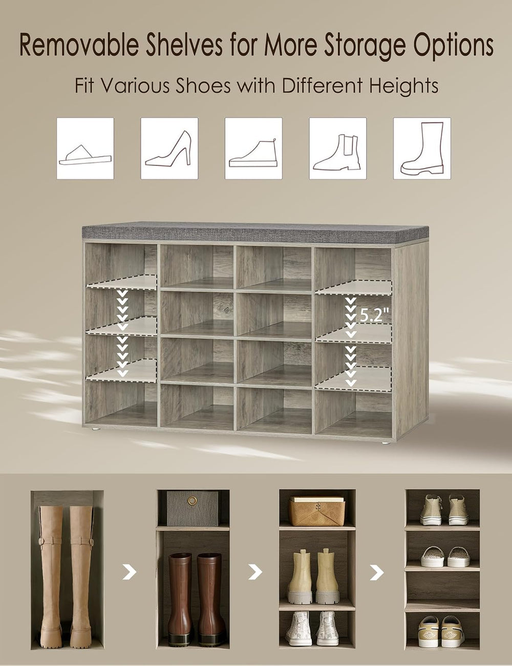 DINZI LVJ Shoe Storage Bench with Cushion, 16-Cubby Shoe Rack with Seat