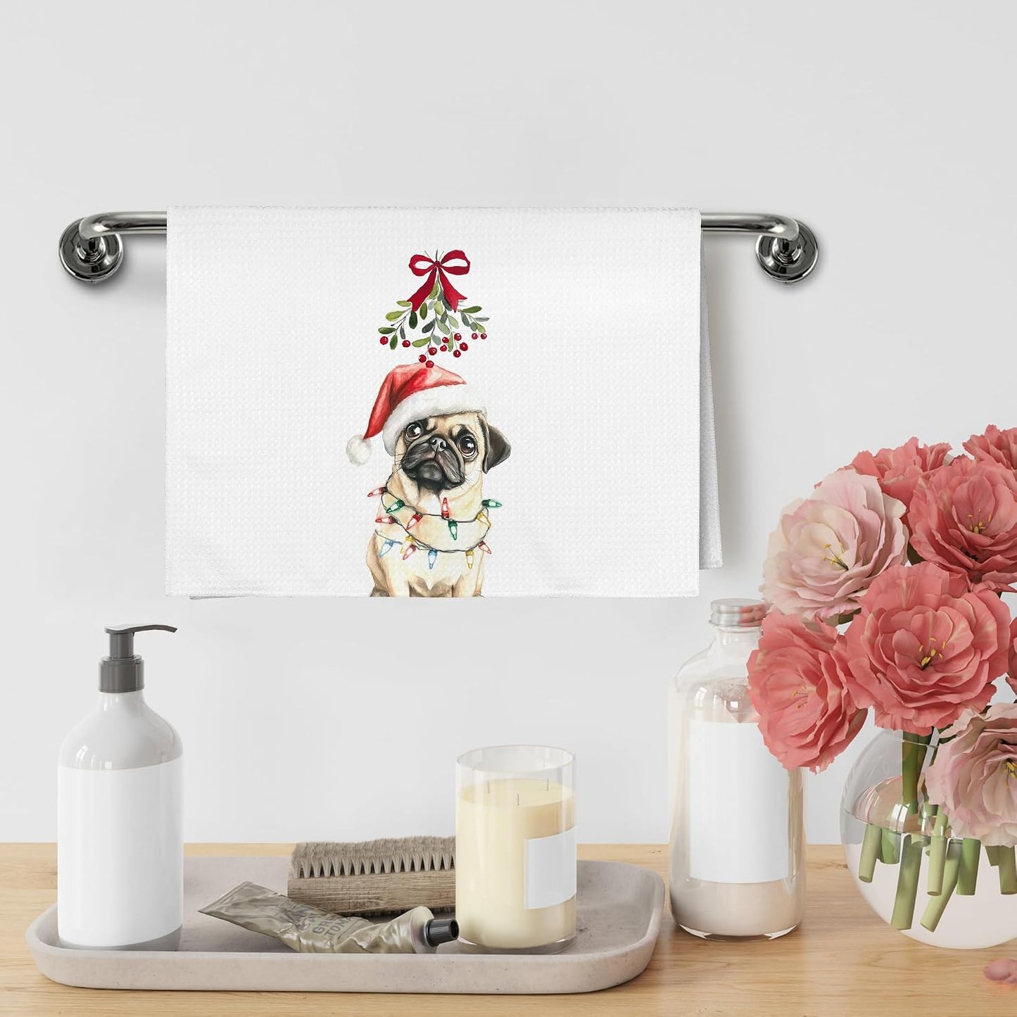 Funny Christmas Pug Dog Kitchen Towels, Pugs Gifts for Pugs Lovers Women Kids Men, Mistletoe Pug Christmas Ornament Decor Dish Hand Tea Towels Accessories Stuff for Bathroom Kitchen, 16x24 In