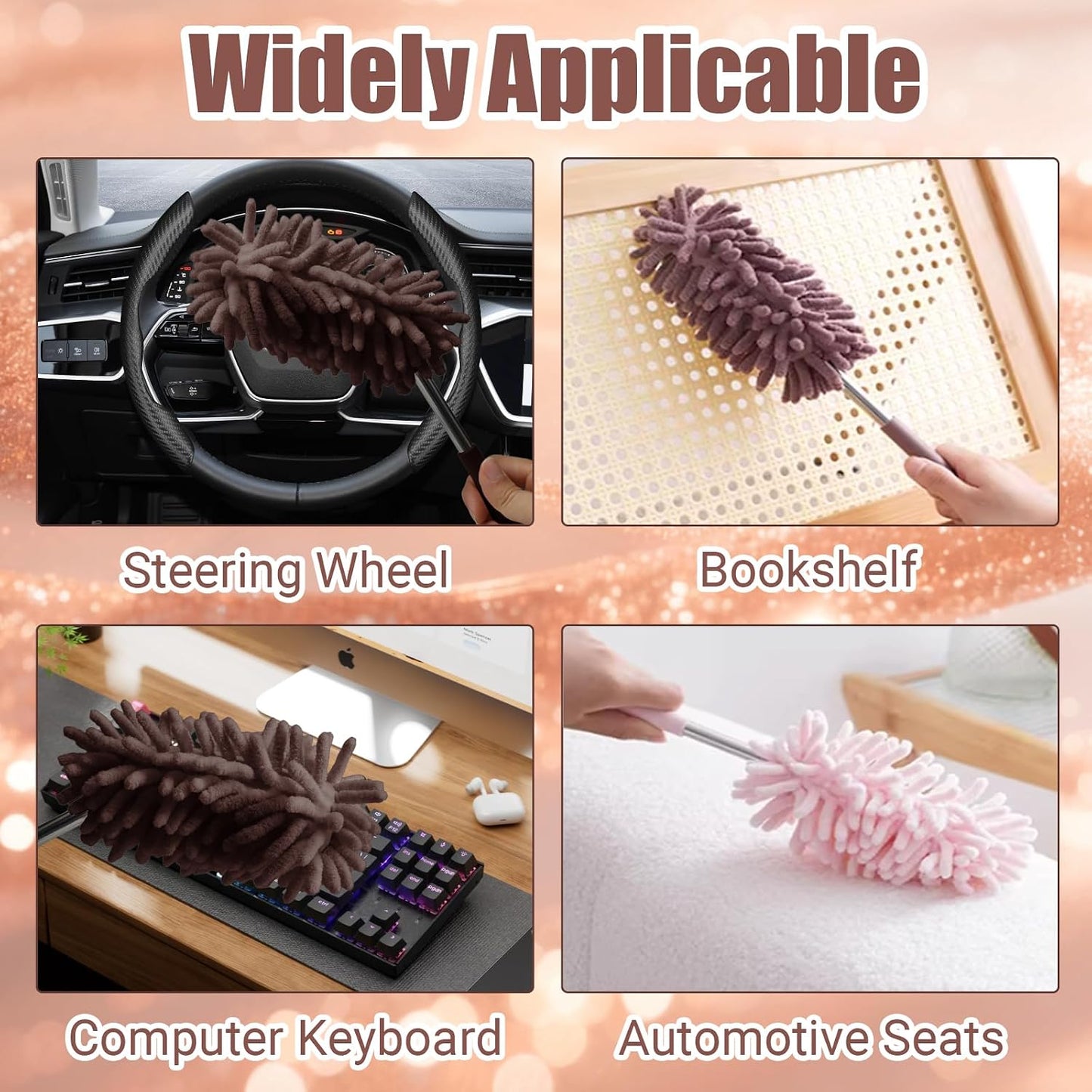 2 Pack Car Interior Duster, Brown Retractable Cleaning Tool, 12 to 31 Inch Extendable Pole with Bendable Head, Soft Chenille Dusting Brush for Auto, Home, Office & Furniture