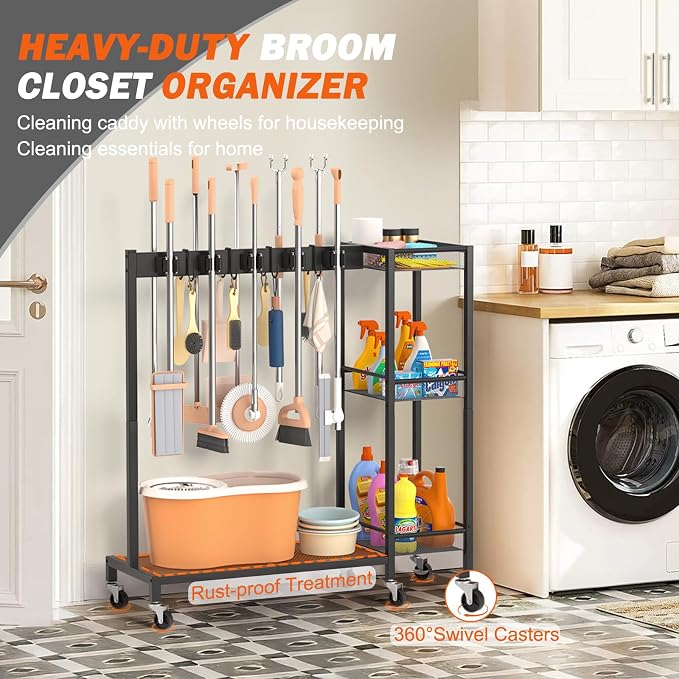 Broom Holder with Cleaning Supplies Organizer, Broom Closet Storage Cabinet - Image 6